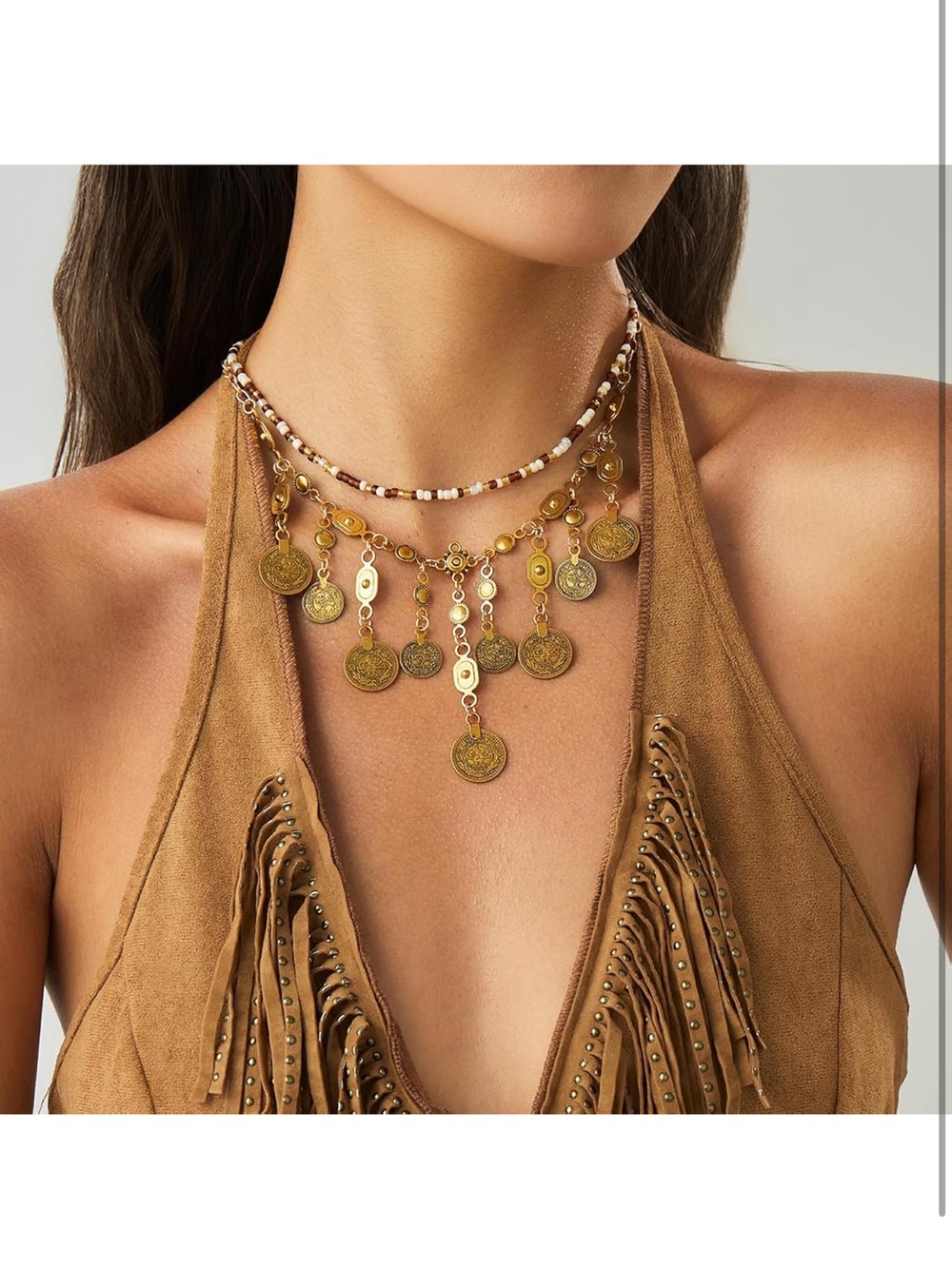 Anthropologie Gold Coin Fringe Layered Necklace with Beaded Choker - Picture 8 of 9